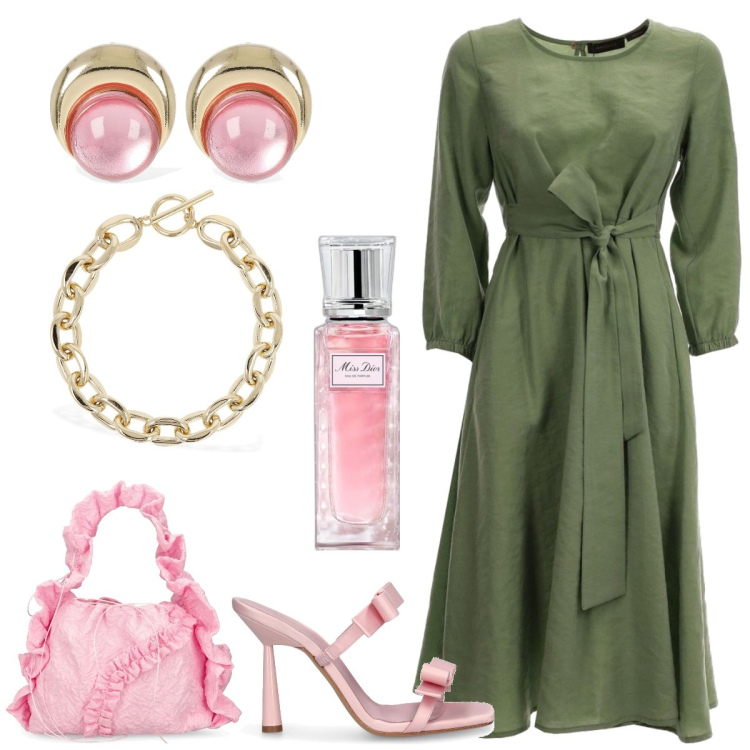 Outfit donna - Pranzo di Pasqua in Sicilia. Stile Chic per Cerimonia. Abbinamento con profumi, vestiti lunghi, pantofole, orecchini, borse a mano, collane.