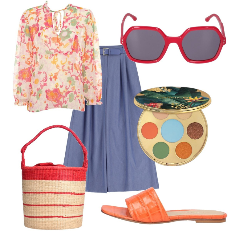 Outfit donna - Total look #1846671. Stile Romantica per Tutti i giorni. Abbinamento con borse a secchiello, sandali in pelle, ombretti, pantaloni a palazzo, occhiali da sole, bluse.