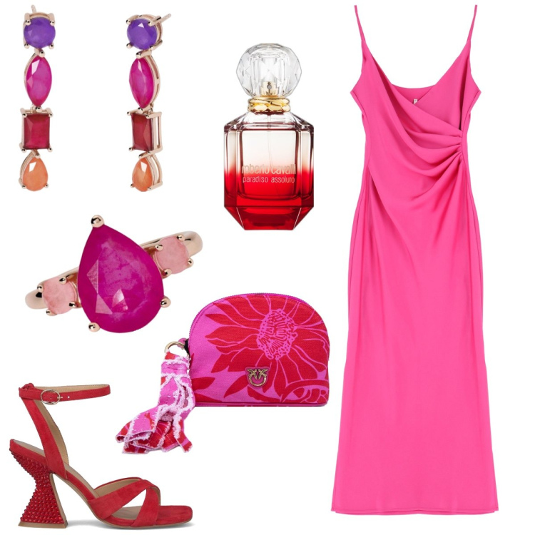 Outfit donna - Cerimonia. Stile Glamour per Cerimonia. Abbinamento con profumi, anelli, orecchini, vestiti midi/longuette, valigie, sandali in pelle.