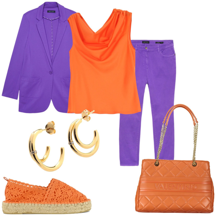Outfit donna - Il colore per la giornata. Stile Casual chic per Tutti i giorni. Abbinamento con orecchini, canottiere, espadrillas, pantaloni skinny, blazer, borse a spalla.