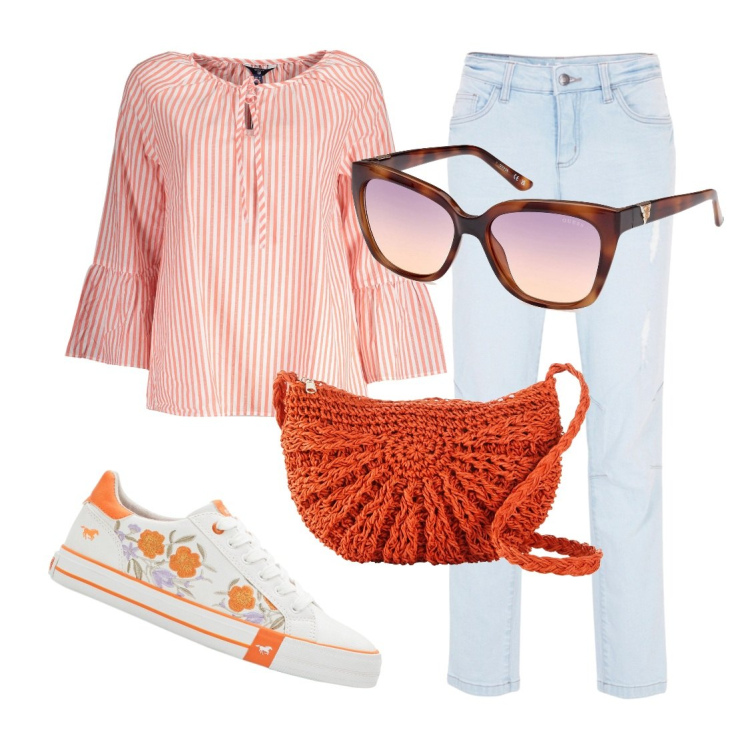 Outfit donna - Primo aprile. Stile Casual per Tutti i giorni. Abbinamento con sneakers, jeans boyfriend, borse a tracolla, occhiali da sole, maglieria.