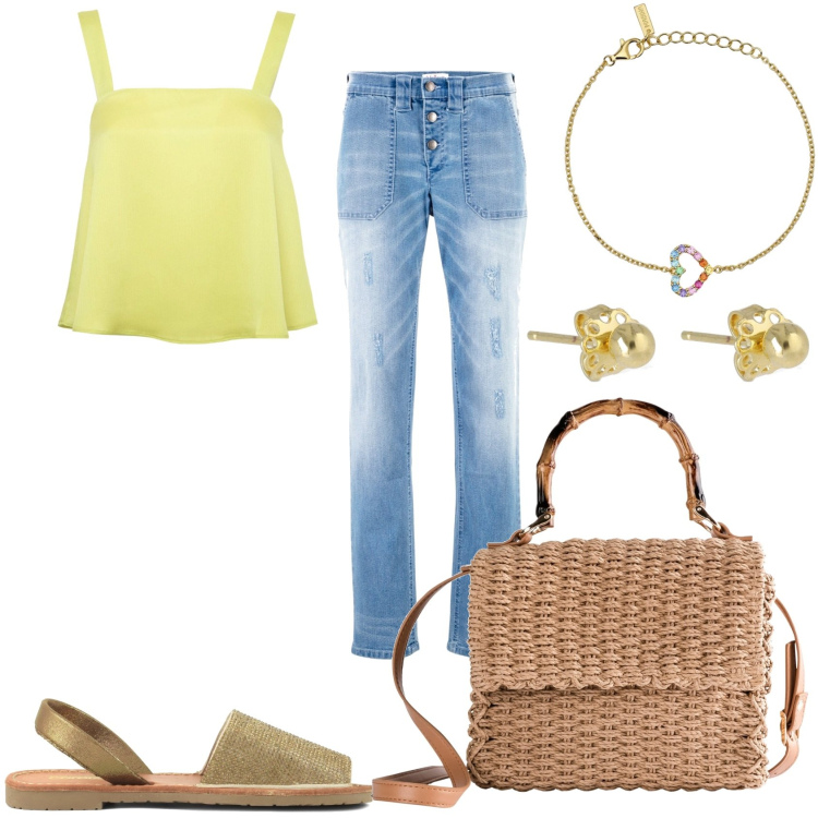 Outfit donna - Il jeans con il top. Stile Casual per Tutti i giorni. Abbinamento con jeans boyfriend, borse a mano, braccialetti, sandali in pelle, top, orecchini.
