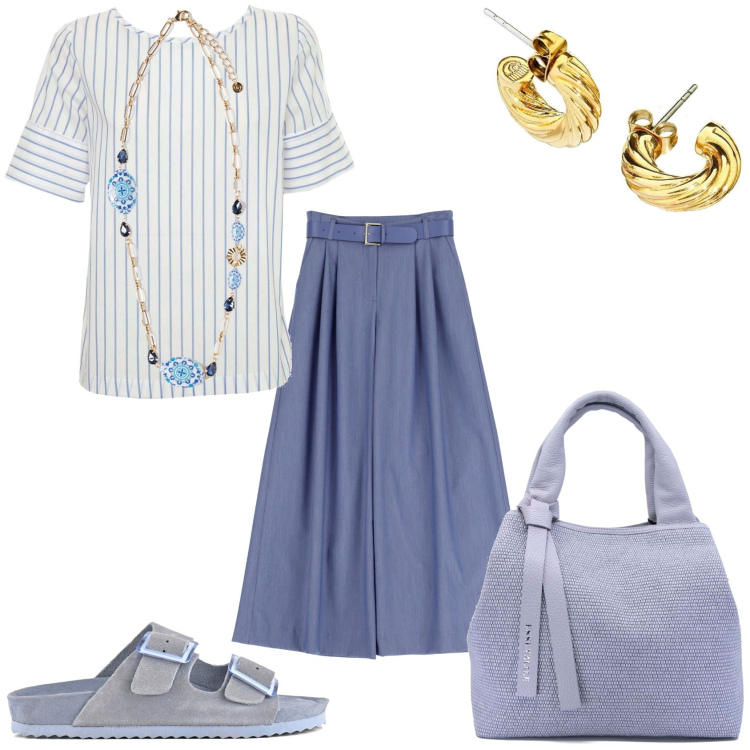 Outfit donna - Gonna lunga e blusa fantasia. Stile Casual chic per Tutti i giorni. Abbinamento con orecchini, pantaloni a palazzo, sandali, bluse, ciondoli, borse a mano.