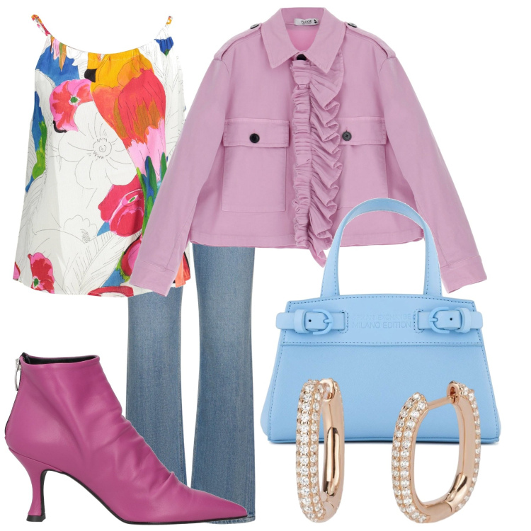 Outfit donna - I colori di aprile. Stile Glamour per Tutti i giorni. Abbinamento con stivaletti, orecchini, blazer, borse tote, canottiere, jeans.