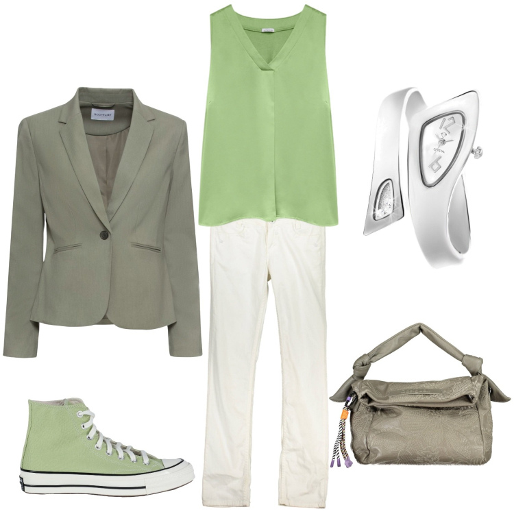 Outfit donna - Seta verde denim bianco. Stile Basic per Tutti i giorni. Abbinamento con blazer, sneakers alte, orologi, top, jeans, borse a spalla.