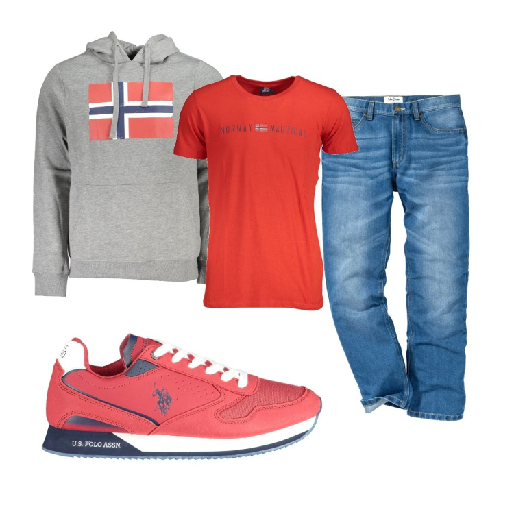 Outfit uomo - Total look #1846765. Stile Casual per Tutti i giorni. Abbinamento con jeans dritti, felpe con cappuccio, t-shirt, scarpe sportive.