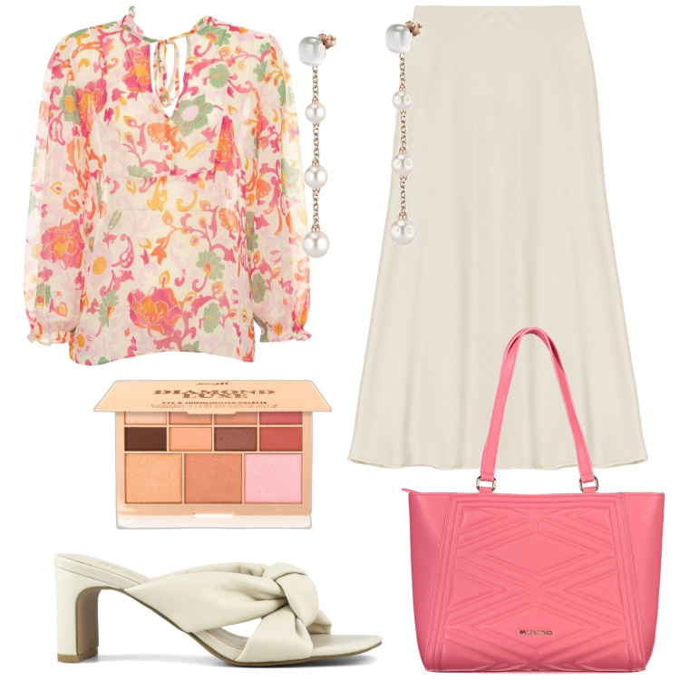 Outfit donna - A Pasquetta. Stile Glamour per Tutti i giorni. Abbinamento con orecchini, ombretti, gonne longuette, bluse, sandali col tacco, borse a spalla.