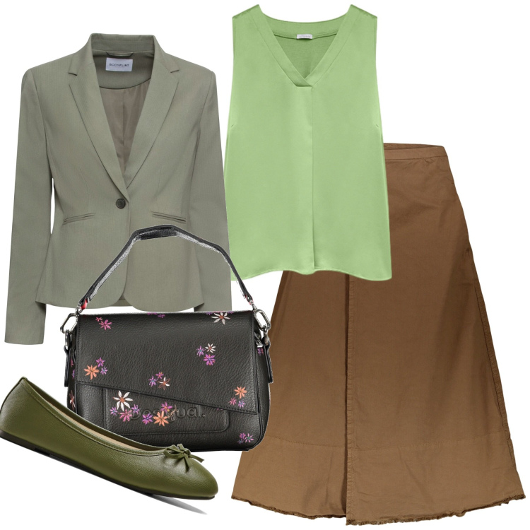 Outfit donna - Gonna e ballerine. Stile Bon Ton per Tutti i giorni. Abbinamento con blazer, ballerine, gonne lunghe, borse a spalla, top.