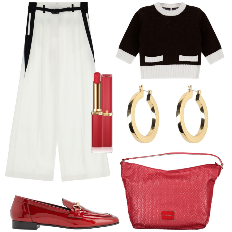 Outfit donna - In città. Stile Casual chic per Tutti i giorni. Abbinamento con mocassini, orecchini, rossetti, pantaloni a palazzo, pullovers, pochette.