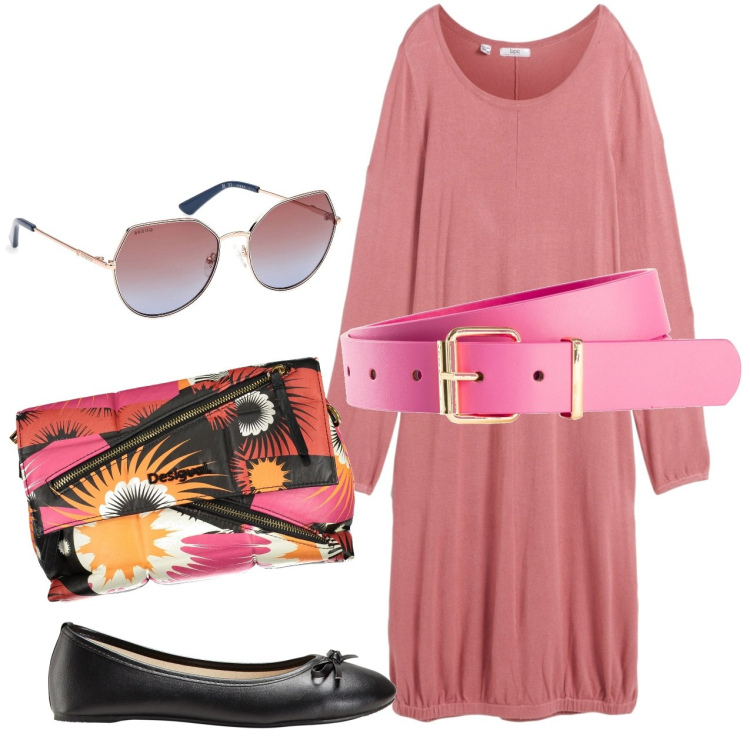 Outfit donna - Rosa di aprile. Stile Bon Ton per Tutti i giorni. Abbinamento con cinture, ballerine, vestiti midi/longuette, occhiali da sole, borse a spalla.