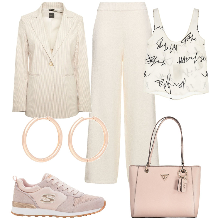 Outfit donna - Toni cipriati. Stile Casual chic per Tutti i giorni. Abbinamento con sneakers, orecchini, top, pantaloni, borse a spalla, blazer.