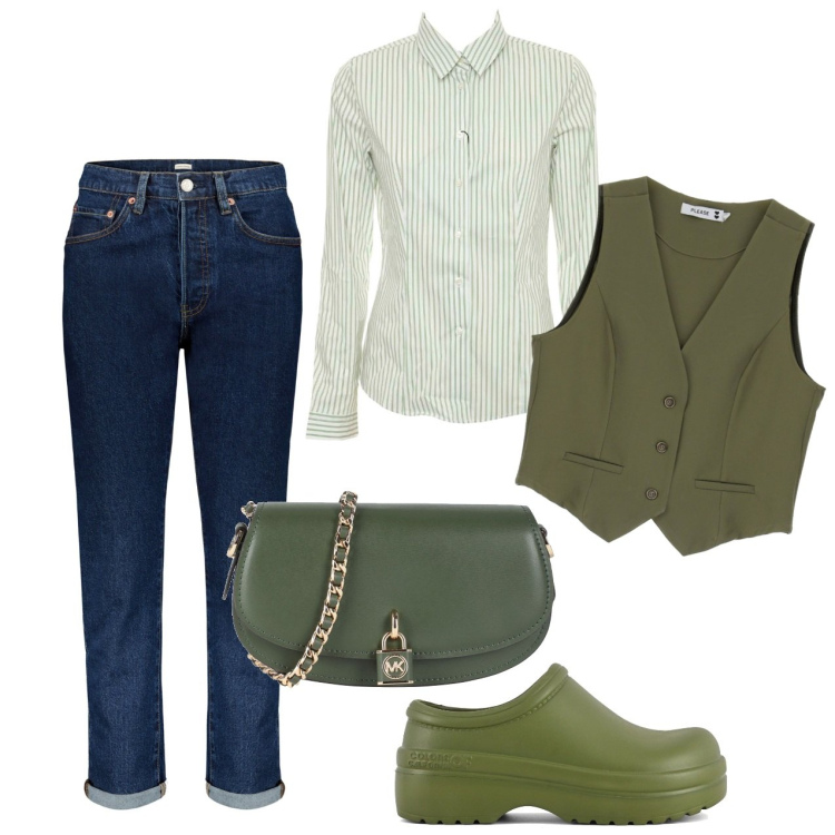 Outfit donna - Con il gilet. Stile Basic per Tutti i giorni. Abbinamento con borse a tracolla, gilet, zoccoli, camicie, jeans.