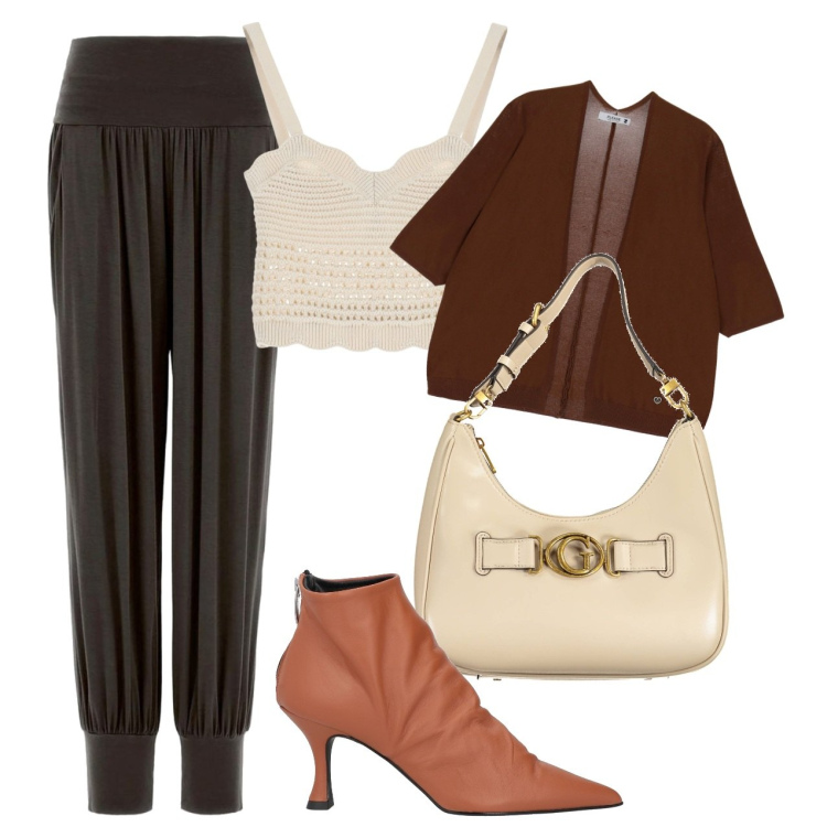 Outfit donna - Pants testa di moro. Stile Chic per Tutti i giorni. Abbinamento con stivaletti, cardigans, top, pantaloni, borse a spalla.