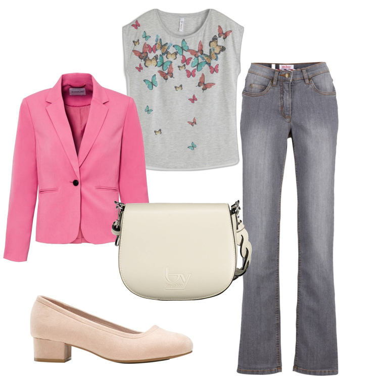 Outfit donna - Farfalle. Stile Casual chic per Ufficio. Abbinamento con jeans dritti, maglieria, décolleté, blazer, borse a spalla.