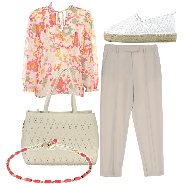 Outfit donna - Toni salmone. Stile Glamour per Tutti i giorni. Abbinamento con pantaloni, espadrillas, braccialetti, borse a spalla, bluse.