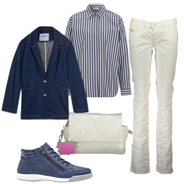 Outfit donna - Oggi. Stile Casual per Tutti i giorni. Abbinamento con sneakers alte, camicie, blazer, pantaloni, borse a tracolla.