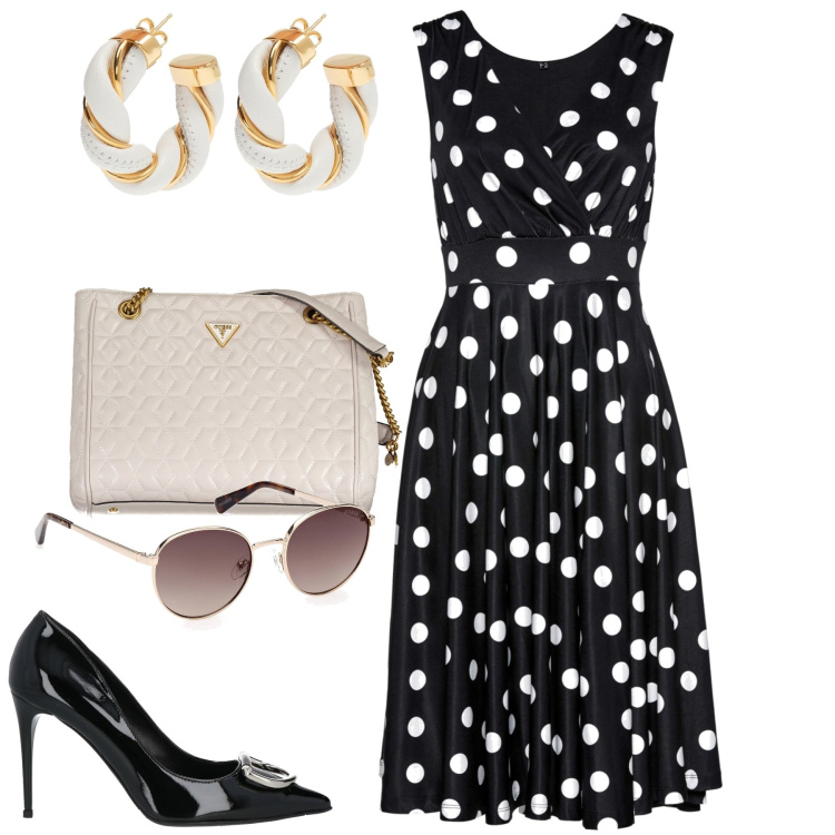 Outfit donna - A pois. Stile Bon Ton per Tutti i giorni. Abbinamento con vestiti, décolleté, orecchini, occhiali da sole, borse a spalla.