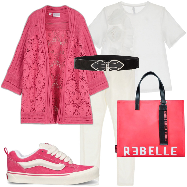 Outfit donna - Fragolina. Stile Casual chic per Ufficio. Abbinamento con cinture, cardigans, pantaloni skinny, t-shirt, shopping bag, sneakers.
