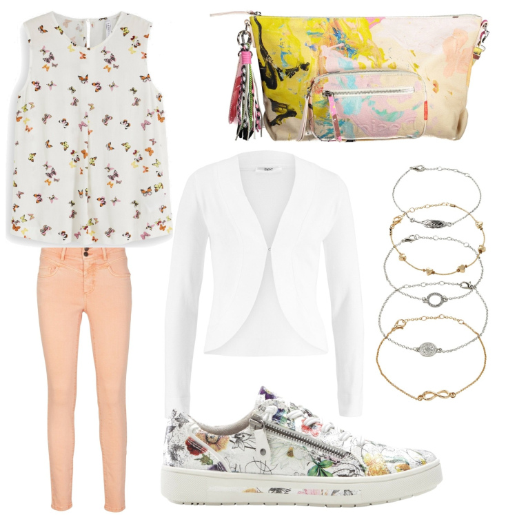 Outfit donna - Con il pantalone rosa. Stile Casual chic per Tutti i giorni. Abbinamento con top, braccialetti con ciondoli, blazer, jeans skinny, sneakers, borse a tracolla.