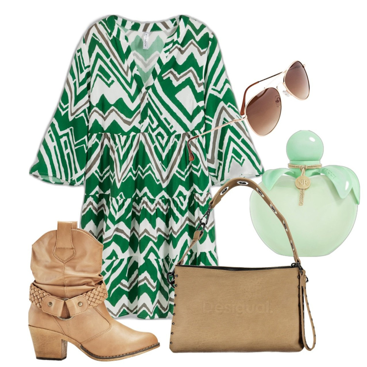 Outfit donna - Aperitivo spensierato. Stile Boho per Tutti i giorni. Abbinamento con occhiali da sole, vestiti, stivaletti texani, profumi, borse a spalla.