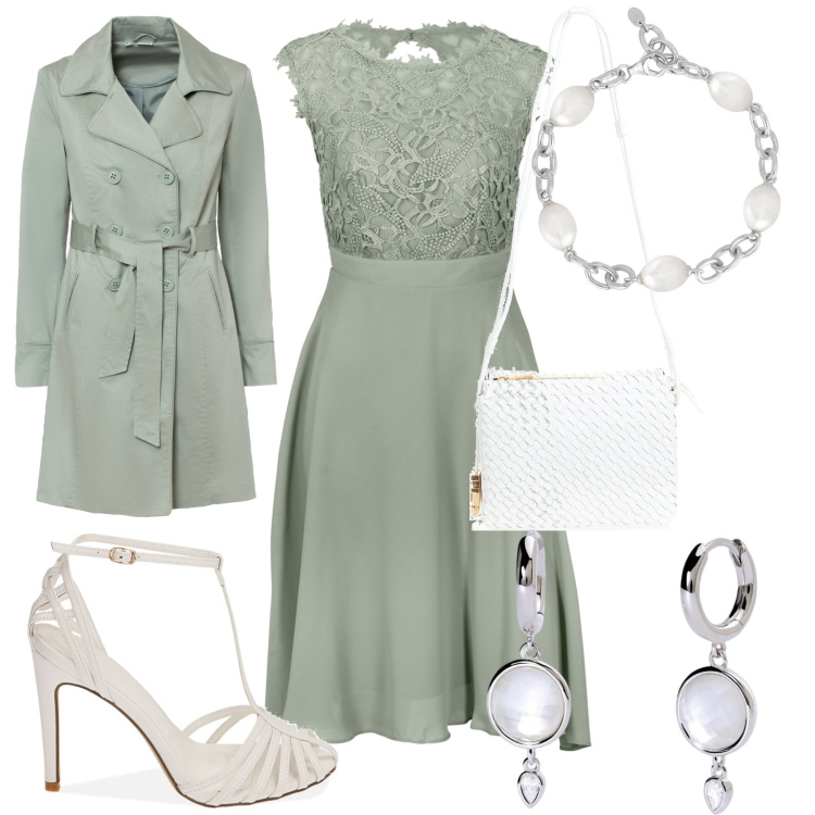 Outfit donna - Alla comunione di mio nipote. Stile Bon Ton per Cerimonia. Abbinamento con vestiti corti, trench, orecchini, braccialetti, borse a tracolla, sandali col tacco.