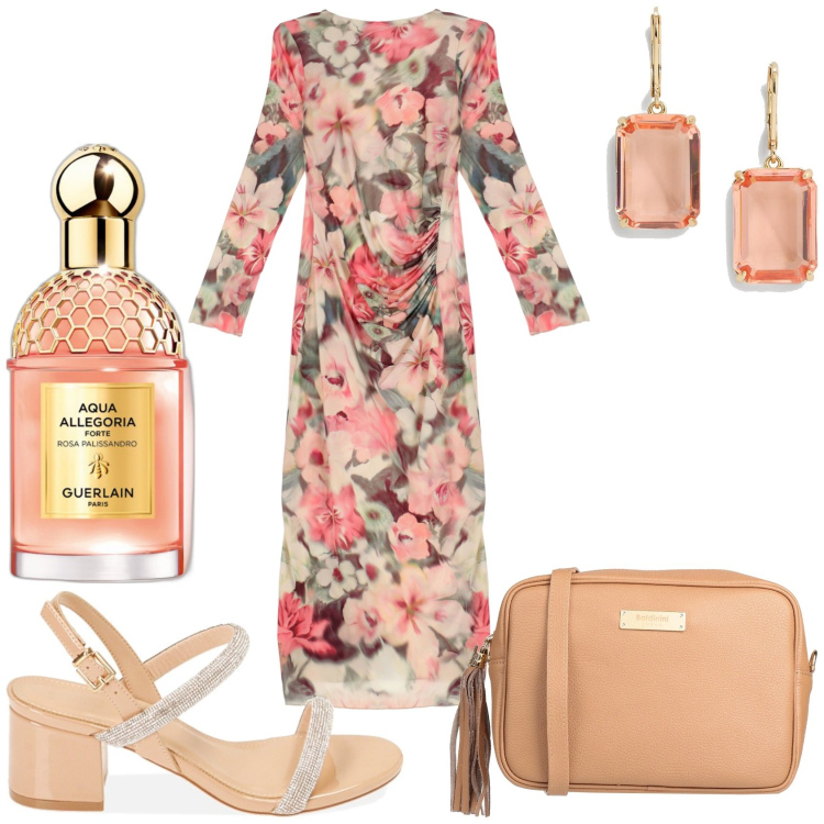 Outfit donna - Vestito fiorato per aperitivo. Stile Glamour per Tutti i giorni. Abbinamento con borse a tracolla, profumi, sandali col tacco, vestiti midi/longuette, orecchini.