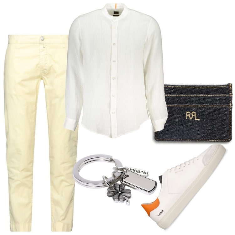 Outfit uomo - Portachiavi elegante per la macchina. Stile Casual per Tutti i giorni. Abbinamento con pantaloni, portachiavi, portafogli, camicie, sneakers.