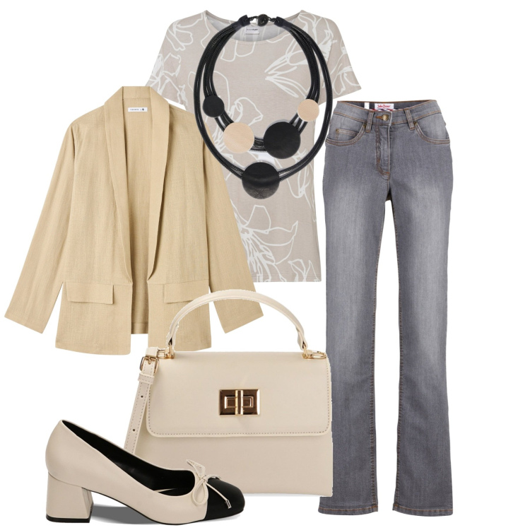 Outfit donna - Un giorno. Stile Casual chic per Tutti i giorni. Abbinamento con jeans dritti, maglieria, blazer, borse a mano, décolleté, collane.