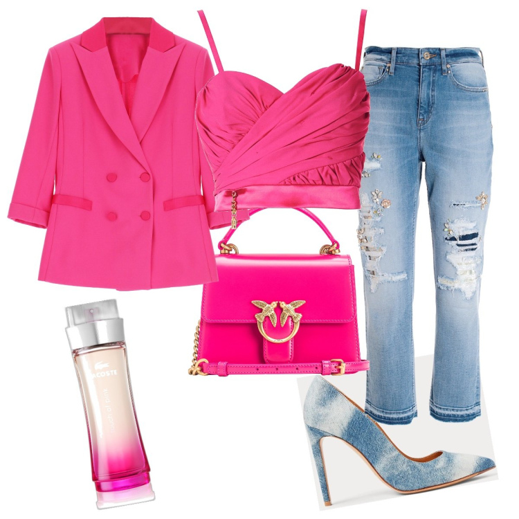 Outfit donna - Total fucsia!. Stile Glamour per Serata fuori. Abbinamento con profumi, borse a tracolla, jeans strappati, top, blazer, décolleté.
