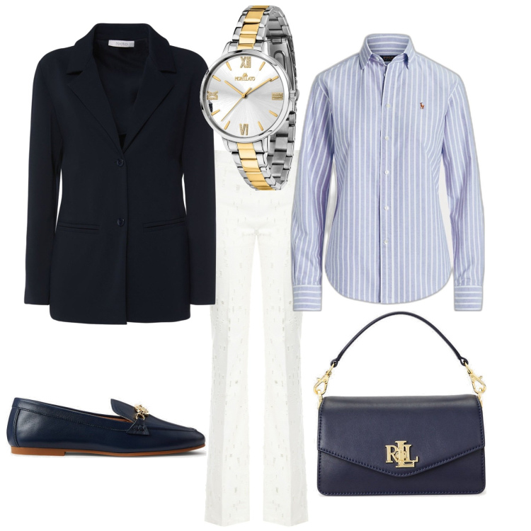 Outfit donna - Trendy per l ufficio. Stile Trendy per Ufficio. Abbinamento con orologi, pantaloni, camicie, mocassini, borse a tracolla, blazer.