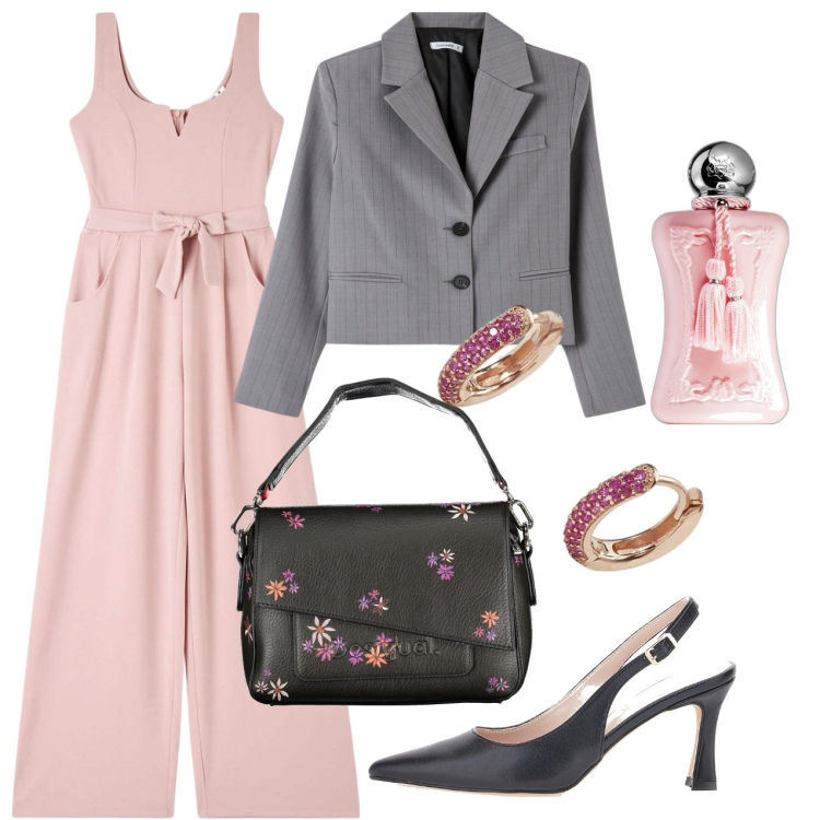 Outfit donna - Un blazer corto. Stile Chic per Tutti i giorni. Abbinamento con profumi, tute, blazer, orecchini, borse a spalla, décolleté.
