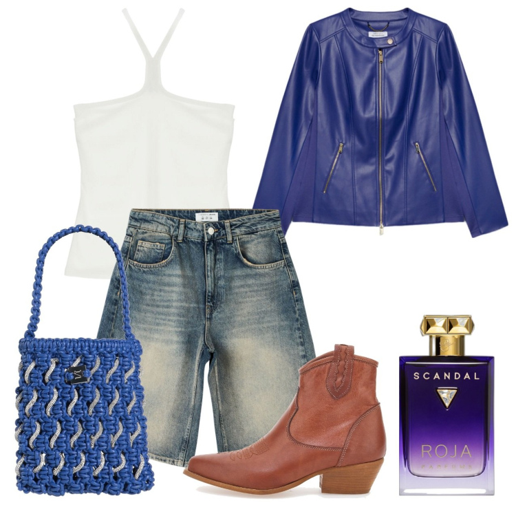 Outfit donna - Voglio uno scandalo. Stile Urban per Tutti i giorni. Abbinamento con borse a secchiello, profumi, bermuda, top, blazer, stivaletti.