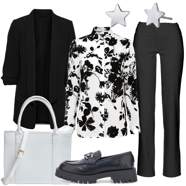 Outfit donna - La camicia black and white. Stile Trendy per Tutti i giorni. Abbinamento con blazer, camicie, pantaloni, shopping bag, orecchini, mocassini.