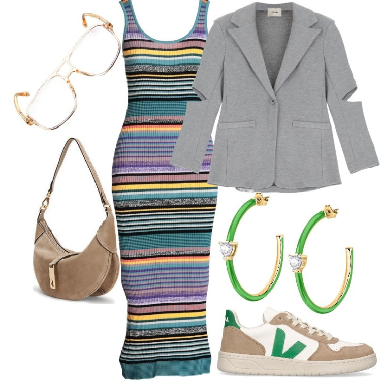 Outfit donna - vestito a righe multicolor. Stile Casual per Tutti i giorni. Abbinamento con vestiti midi/longuette, orecchini, borse a spalla, blazer, sneakers, occhiali da sole.