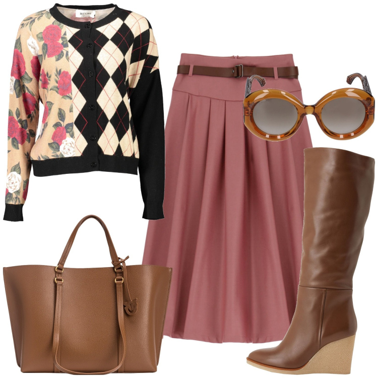 Outfit donna - American style. Stile Casual per Tutti i giorni. Abbinamento con stivali, shopping bag, gonne longuette, maglieria, occhiali da sole.