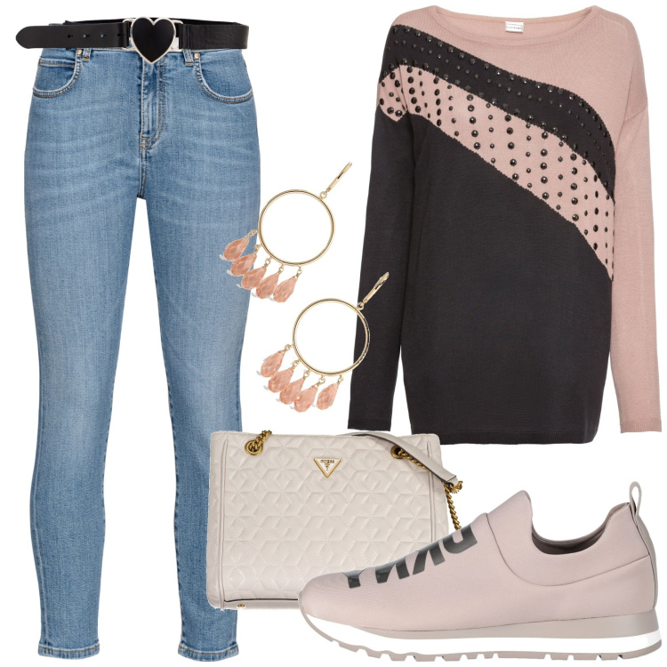 Outfit donna - Shop now. Stile Casual per Tutti i giorni. Abbinamento con maglieria, sneakers, jeans, cinture, orecchini, borse a spalla.