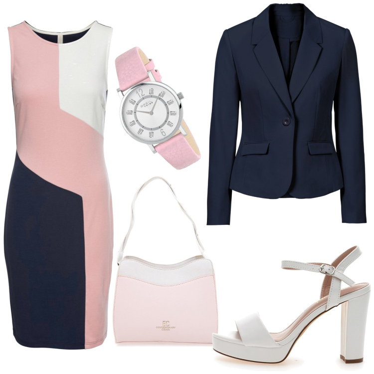 Outfit donna - Tubino fantasia tricolore. Stile Casual chic per Ufficio. Abbinamento con blazer, maglieria, orologi, gonne, sandali col tacco, borse a spalla.
