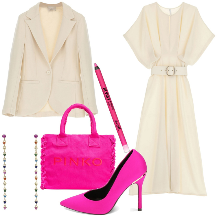 Outfit donna - Il colore della settimana. Stile Casual chic per Tutti i giorni. Abbinamento con eyeliner, orecchini, shopping bag, vestiti midi/longuette, décolleté, blazer.