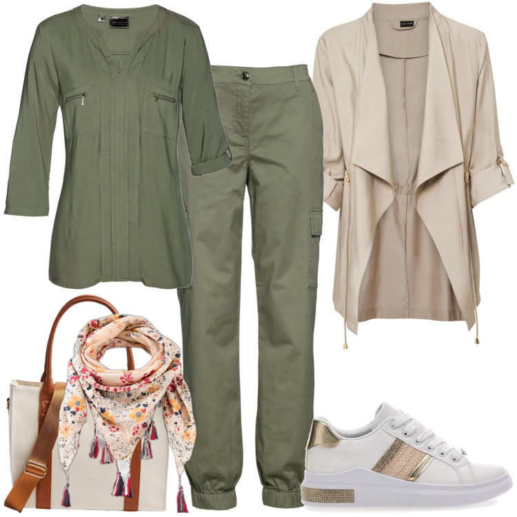 Outfit donna - Total look #1846973. Stile Casual per Tutti i giorni. Abbinamento con pantaloni cargo, tuniche, blazer, foulard, shopping bag, sneakers.