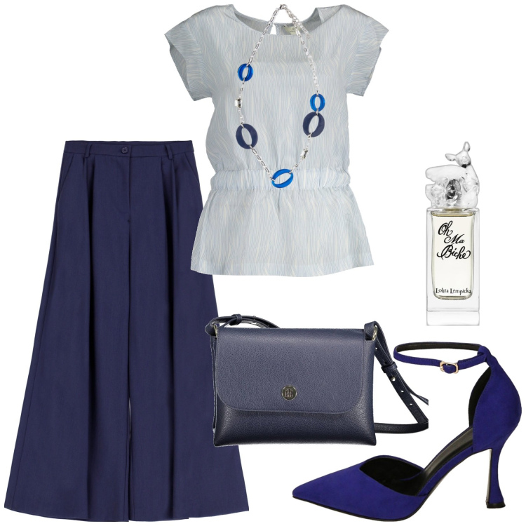 Outfit donna - Sicurezza ad ogni passo. Stile Casual per Tutti i giorni. Abbinamento con profumi, pantaloni a palazzo, décolleté, canottiere, ciondoli, borse a spalla.