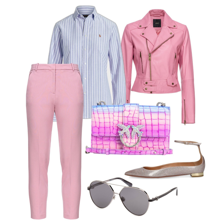 Outfit donna - Ghost outfitter - aprile. Stile Trendy per Tutti i giorni. Abbinamento con pantaloni, giacche, borse a tracolla, camicie, occhiali da sole, ballerine.