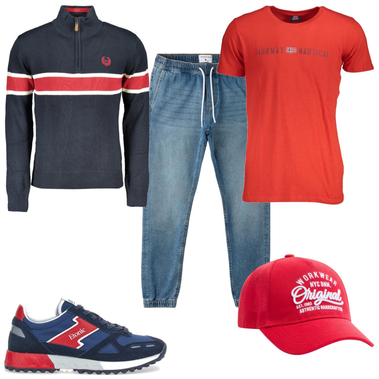 Outfit uomo - Giornata di brutto tempo. Stile Casual per Tutti i giorni. Abbinamento con cappelli, jeans, sneakers, t-shirt, maglieria.