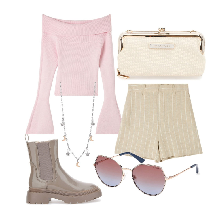 Outfit donna - Ghost outfitter - aprile. Stile Trendy per Tutti i giorni. Abbinamento con bermuda, maglieria, collane, occhiali da sole, stivaletti, pochette.