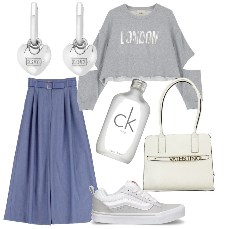 Outfit donna - La sneakers trendy. Stile Trendy per Tutti i giorni. Abbinamento con orecchini, profumi, pantaloni a palazzo, felpe, sneakers, borse a spalla.