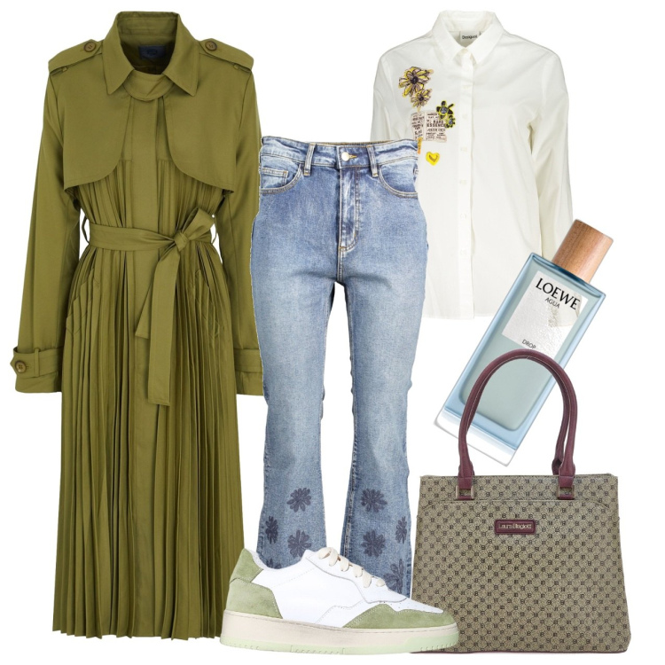 Outfit donna - Uno, due, tre...nch. Stile Trendy per Tutti i giorni. Abbinamento con trench, profumi, sneakers, camicie, jeans, borse a mano.