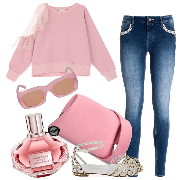 Outfit donna - Un tocco romantico. Stile Romantica per Tutti i giorni. Abbinamento con profumi, felpe, jeans skinny, ballerine, occhiali da sole, borse a spalla.