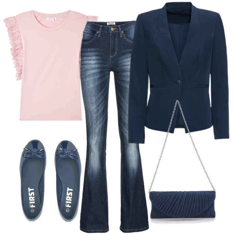 Outfit donna - Total look #1847017. Stile Bon Ton per Tutti i giorni. Abbinamento con blazer, jeans bootcut, t-shirt, ballerine, pochette.