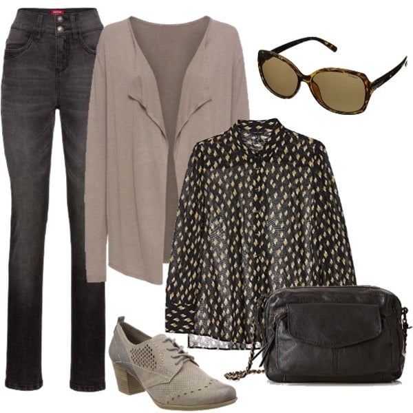 Outfit donna - Sunny Autumn day. Stile Basic per Tutti i giorni. Abbinamento con maglieria, jeans vita alta in denim elasticizzato nero, t-shirt con stampa nero, borsa a spalla in pelle nero, scarpe stringate oxford beige e grigio, occhiali da sole marrone.