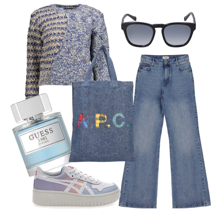 Outfit donna - Un jeans e si esce. Stile Casual per Tutti i giorni. Abbinamento con profumi, jeans, maglieria, shopping bag, sneakers, occhiali da sole.