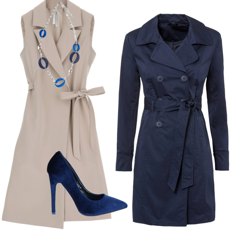 Outfit donna - Il trench blu. Stile Bon Ton per Ufficio. Abbinamento con trench, décolleté, vestiti midi/longuette, ciondoli.